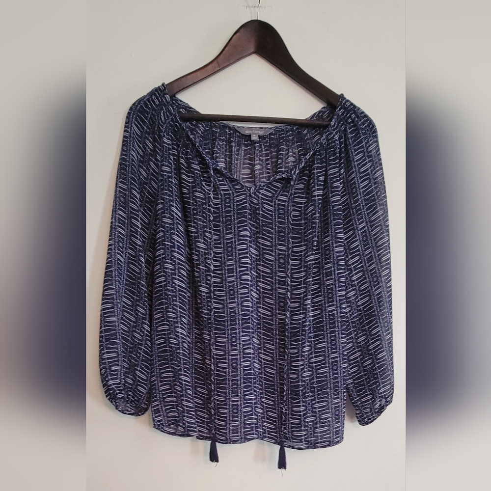 Daisy Fuentes Navy Geometric Sheer Blouse With Tassles
